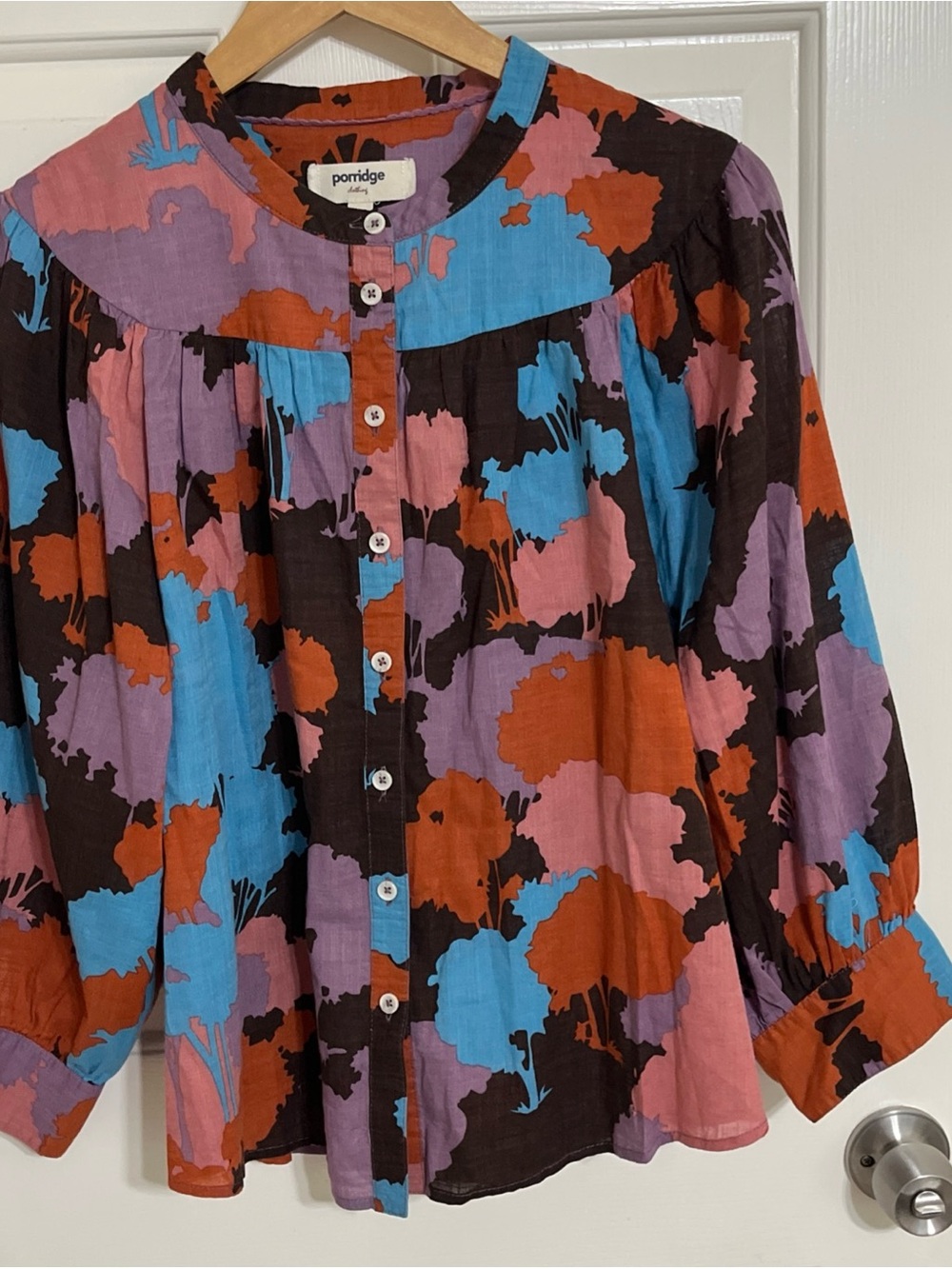 Porridge Anthropologie Floral Graphic Button-Front Top Turquoise & Rust size L